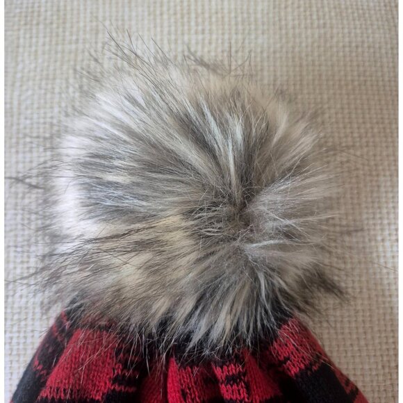 Panache Ladies Faux Fur Pom Red Buffalo Plaid Knit Beanie One Size Animal Print - Picture 6 of 8
